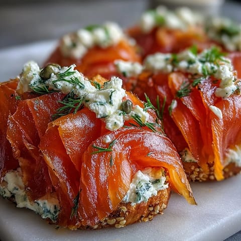 Silky smoked salmon and creamy spreads arranged artfully on a bagel board for an elegant brunch centerpiece.  