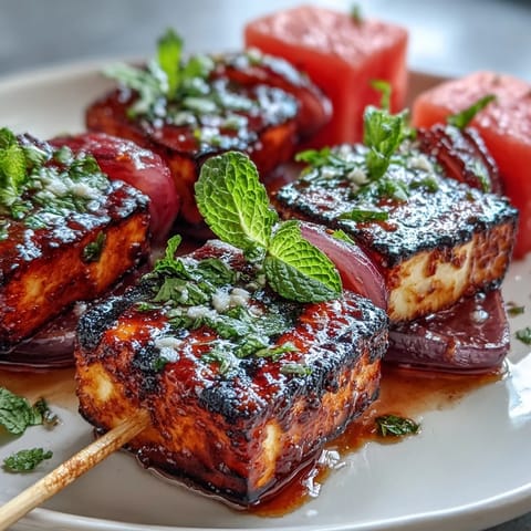 Grilled halloumi skewers with juicy watermelon cubes and fresh mint leaves make a vibrant, summery appetizer.