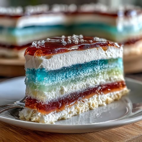 Multi-colored agar-agar jelly cake featuring red, orange, yellow, green, blue, and purple layers with silky coconut cream.  