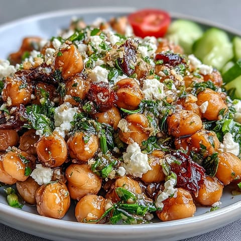 Bright Mediterranean chickpea salad with lemon, herbs, and fresh vegetables.