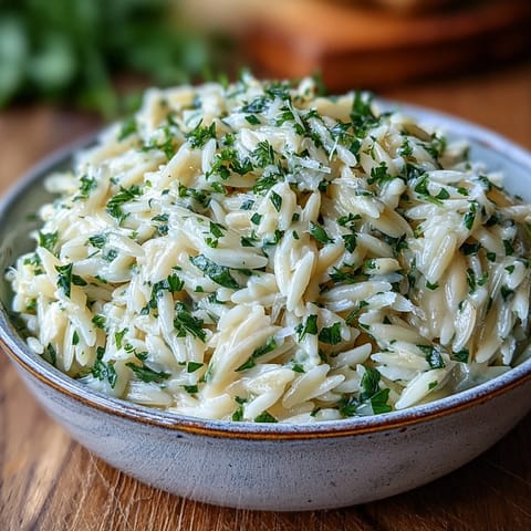 Creamy herb butter orzo, a comforting side dish flecked with fresh green herbs.