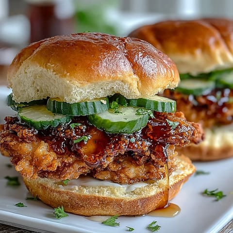 Crispy Hot Honey Chicken Sandwich, glistening with sweet heat, ready to be devoured.