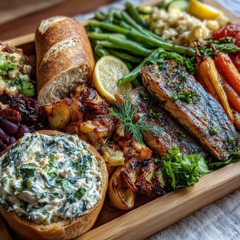 Colorful Lemon Herb Tinned Fish Picnic Board bursting with fresh vegetables and bread.