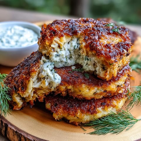 Golden Crispy Mackerel Potato Cakes with fresh dill yogurt, pan-fried to perfection.