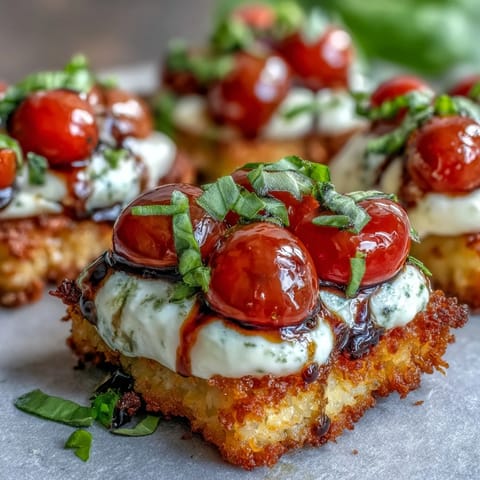Golden, crispy rice squares topped with fresh mozzarella, cherry tomatoes, and basil.