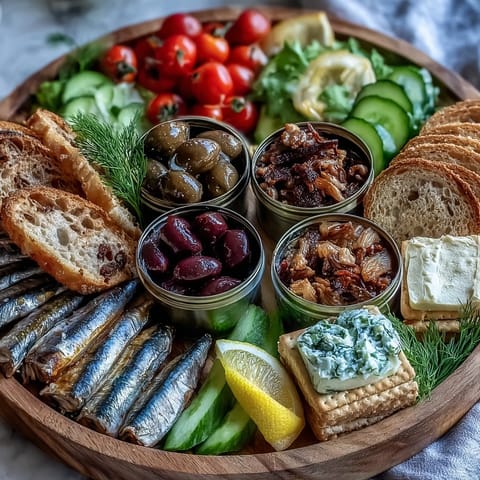 Gourmet tinned fish picnic board overflowing with fresh accompaniments and crusty bread.