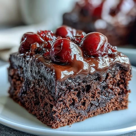 Decadent Cherry Cola Chocolate Poke Cake with fluffy whipped cream and bright cherries.