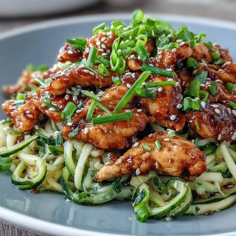 Tender honey garlic chicken atop vibrant zucchini noodles, a healthy gluten-free dinner.