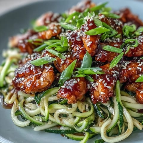 Golden honey garlic chicken surrounds al dente zucchini noodles, ready to enjoy.