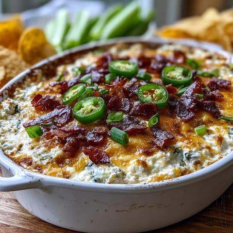 Creamy Jalapeño Popper Corn Dip with melted cheese, crispy bacon, and spicy jalapeños.
