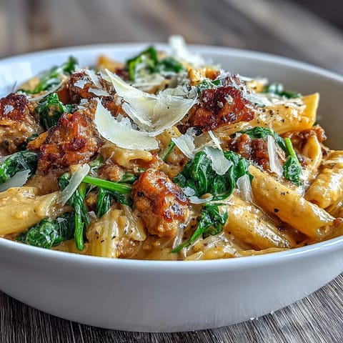 Creamy pumpkin sausage pasta dish with wilted spinach and grated Parmesan.