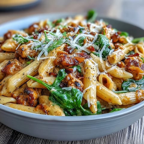 One-pot pumpkin sausage pasta, rich and savory, ready to serve.