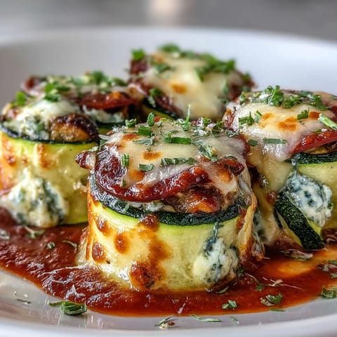 Golden Zucchini Pizza Roll-Ups baked bubbly with melted cheese and pepperoni.