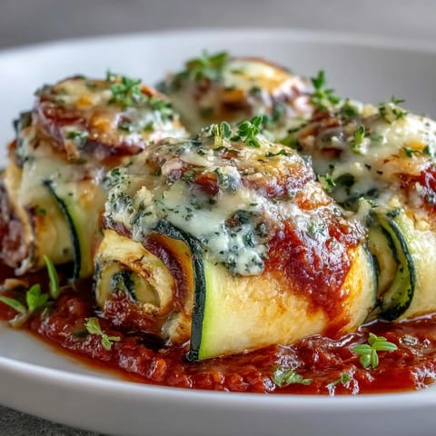 Healthy low-carb Zucchini Pizza Roll-Ups garnished with fresh basil, ready to serve.