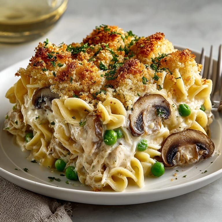 Homestyle classic tuna noodle casserole served piping hot, with tender egg noodles and savory melted cheese