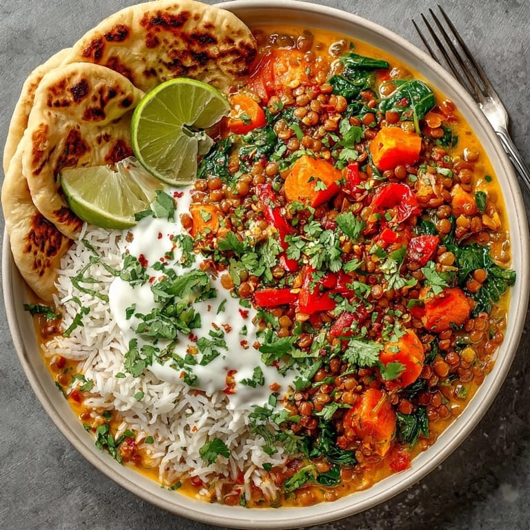 Steaming hearty lentil and vegetable curry featuring colorful veggies and rich Indian spices for dinner.