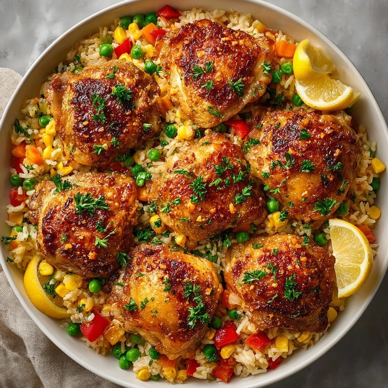Close-up of steaming One-Pot Chicken and Rice Skillet, chicken nestled among fluffy rice and vegetables.