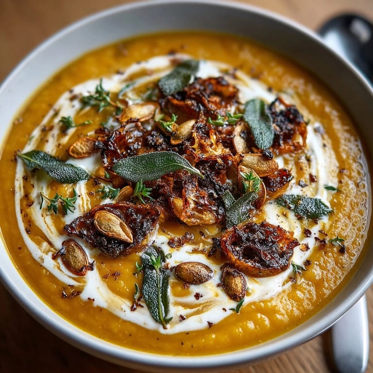 Golden roasted butternut squash and apple soup, creamy texture, swirling with coconut cream and autumn spices.