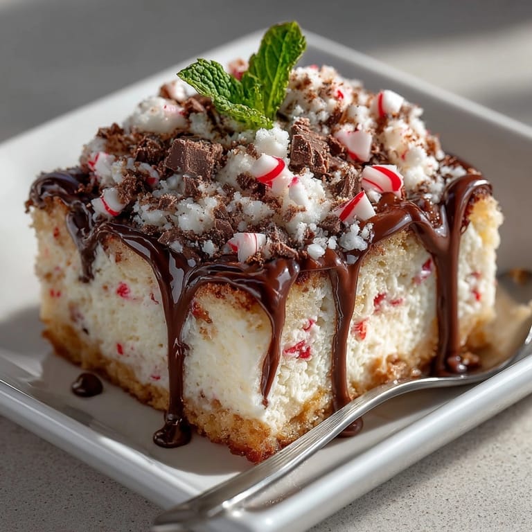 A close-up of the delicious Chaos Cake Candy Cane Crunch Sheet Cake, boasting a rich chocolate fudge swirl.