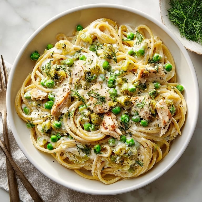 This image showcases a delicious bowl of One-Pot Pickle-Fix Chicken Tetrazzini, ready to be enjoyed for dinner.