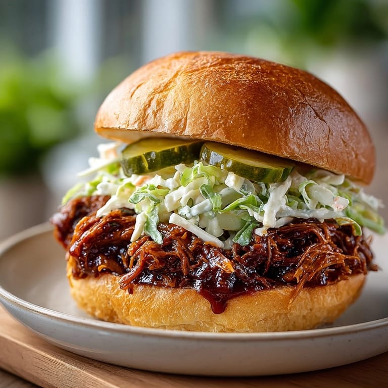 Vibrant photo showing the delicious Root Beer BBQ Pulled Mushroom Sandwiches on soft sandwich buns.