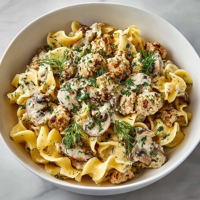 A close-up of the finished One-Pot Pickle-Fix Ranch Turkey Stroganoff, ready to serve and enjoy.