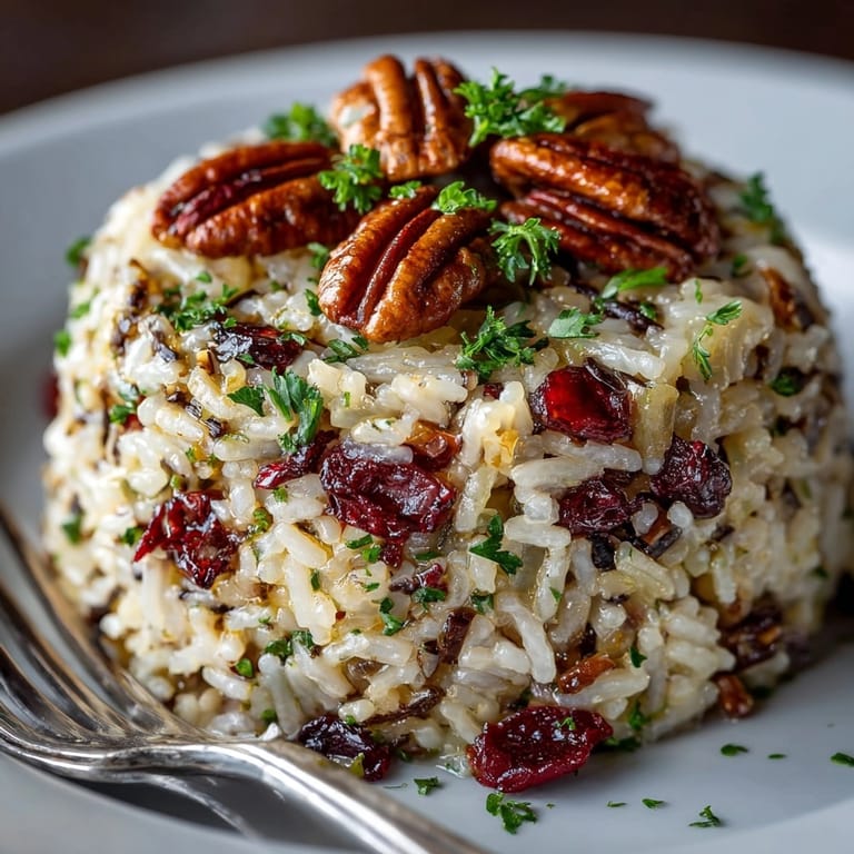 A colorful close-up of Cherry Pecan Wild Rice Pilaf a delicious vegetarian side dish.
