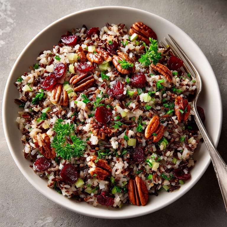 Savory Cherry Pecan Wild Rice Pilaf with herbs and a delightful nutty crunch ready to serve.