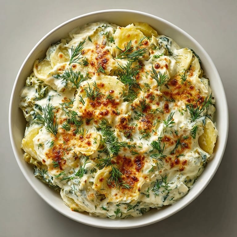 Oven-baked dill pickle spinach artichoke bake bubbling, featuring a golden, cheesy crust for dipping.