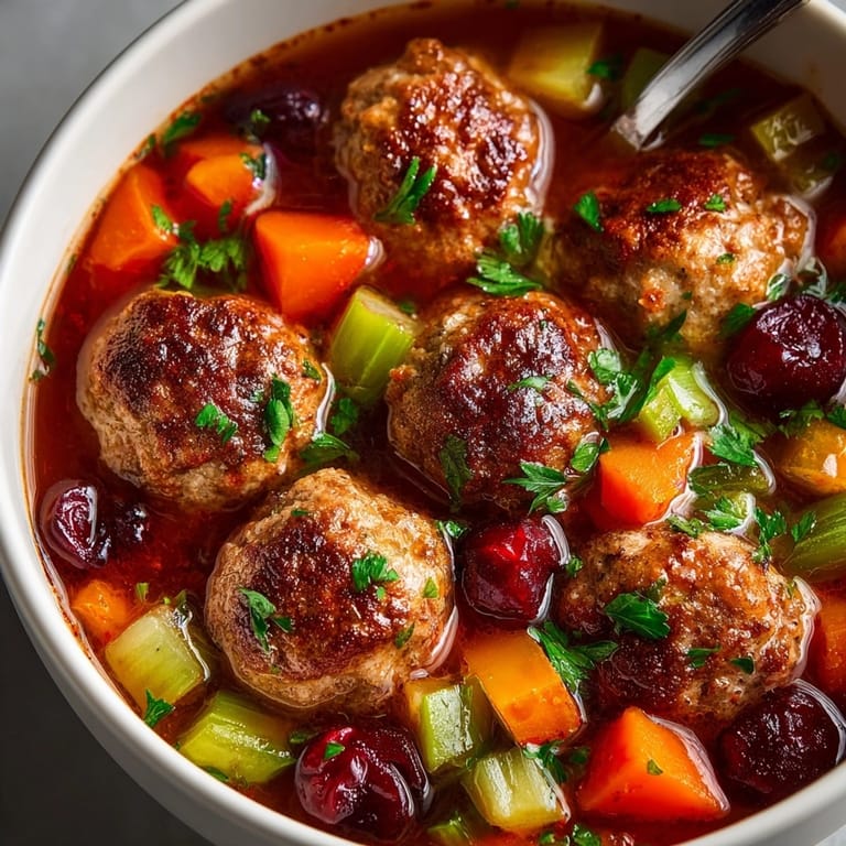 Bright red sour cherries and tender turkey meatballs simmer in the delicious Cherry-Coded Soup.