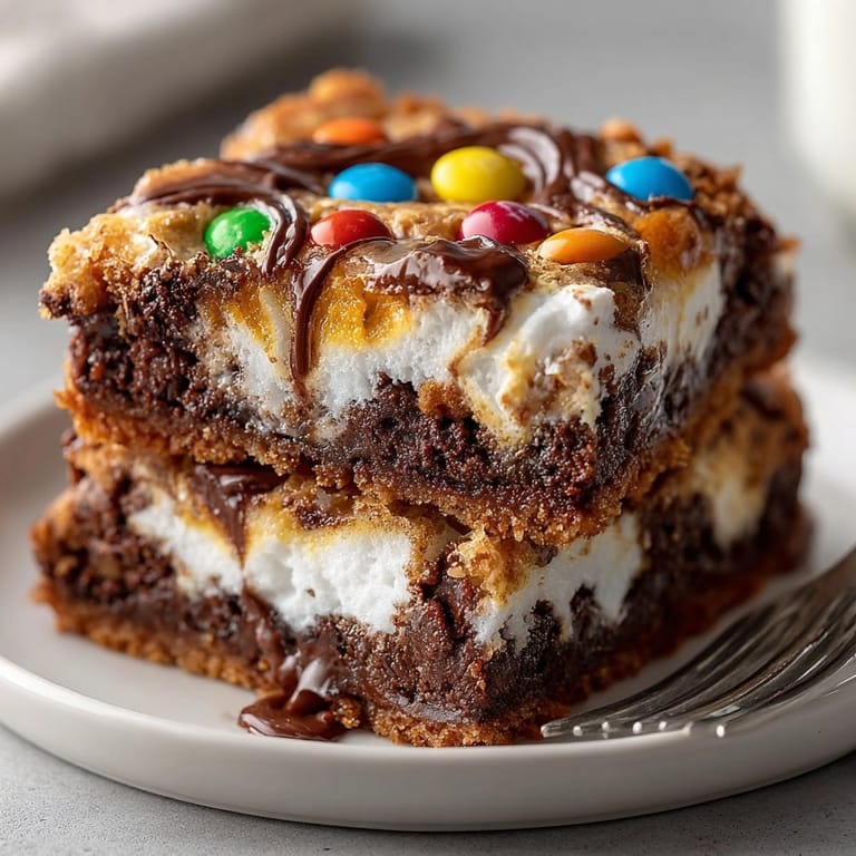 A close-up shot of the decadent Chaos Cake M&M Holiday Brownie Slab Mess, ready for serving.