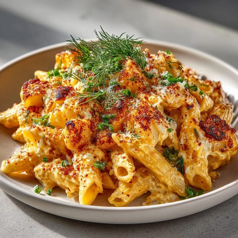 A close-up of creamy, flavorful Pickle and Cheddar Loaded Potato Pasta, ready to serve.