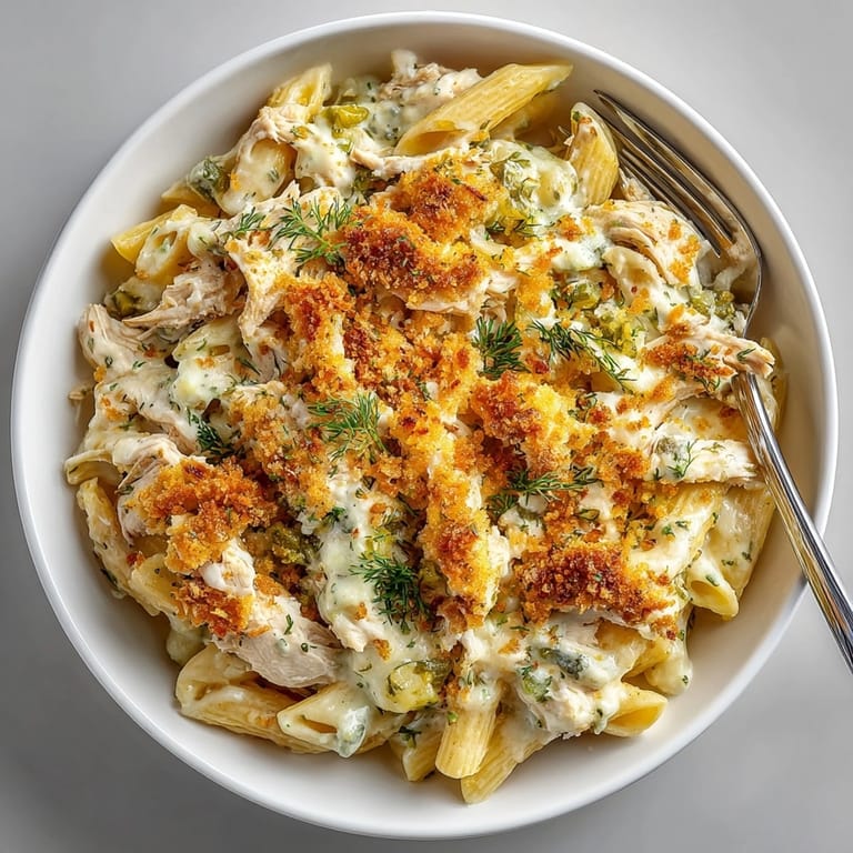 Close-up of a savory pickle chip crusted chicken pasta bake, ready to serve with fresh parsley.