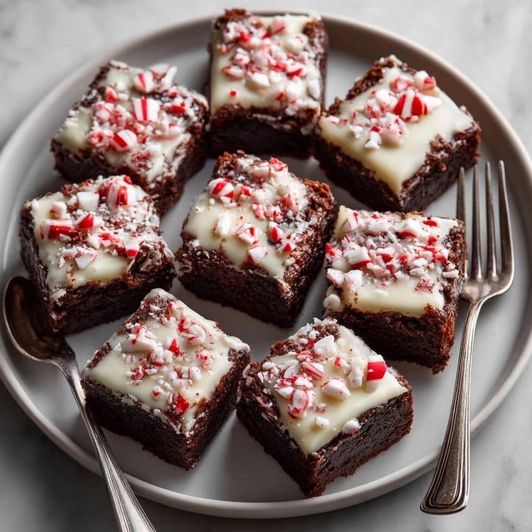 Warm and festive Chocolate Peppermint Bark Brownies, ready to eat with their swirl of white chocolate.