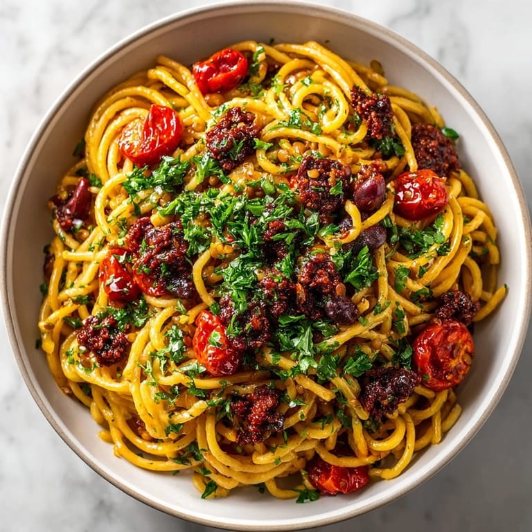 A hearty bowl of Lentil Pasta Puttanesca, ready to be devoured with a side of crusty bread.