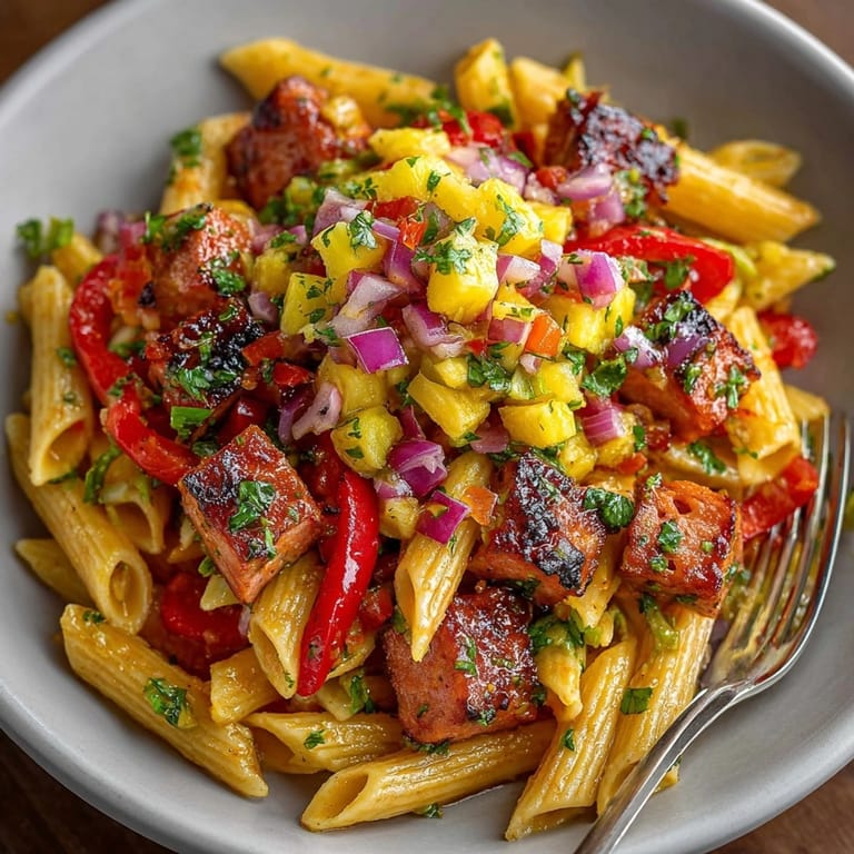 A steaming bowl of Hawaiian Spam Pasta with pineapple salsa, ready to be enjoyed and savored.