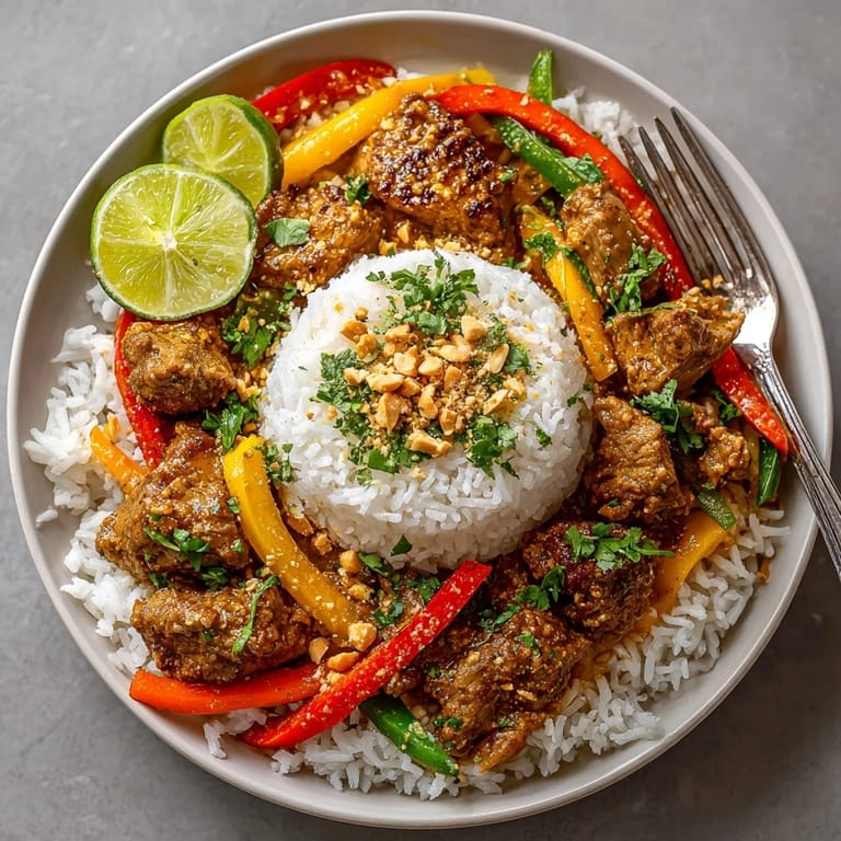 Steaming Thai Peanut Chicken Curry garnished with chopped peanuts and fresh cilantro on white rice.