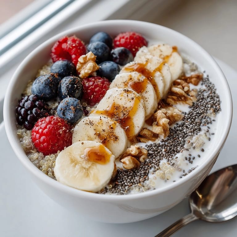 Colorful Protein-Rich Quinoa Breakfast Bowl topped with nuts, chia, hemp seeds, and drizzled honey, served in a rustic bowl.