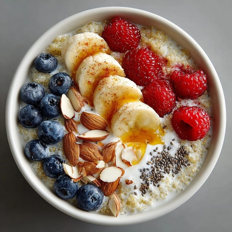 Protein-Rich Quinoa Breakfast Bowl featuring creamy yogurt, sweet fruit, and a sprinkle of cinnamon ready for breakfast.