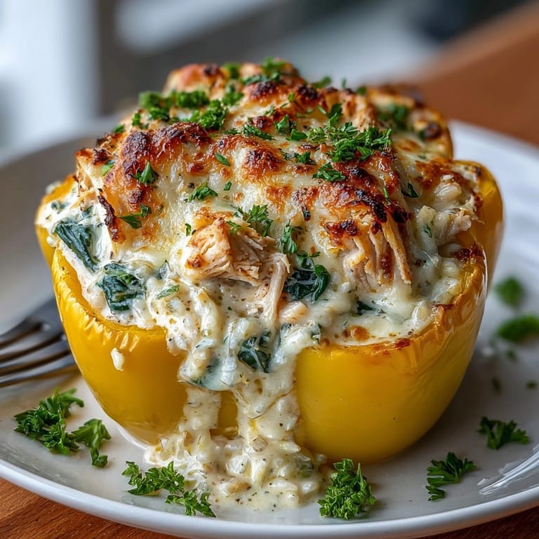 Freshly baked Chicken Alfredo Stuffed Peppers with creamy filling, bubbling cheese, and vibrant bell peppers ready to serve.