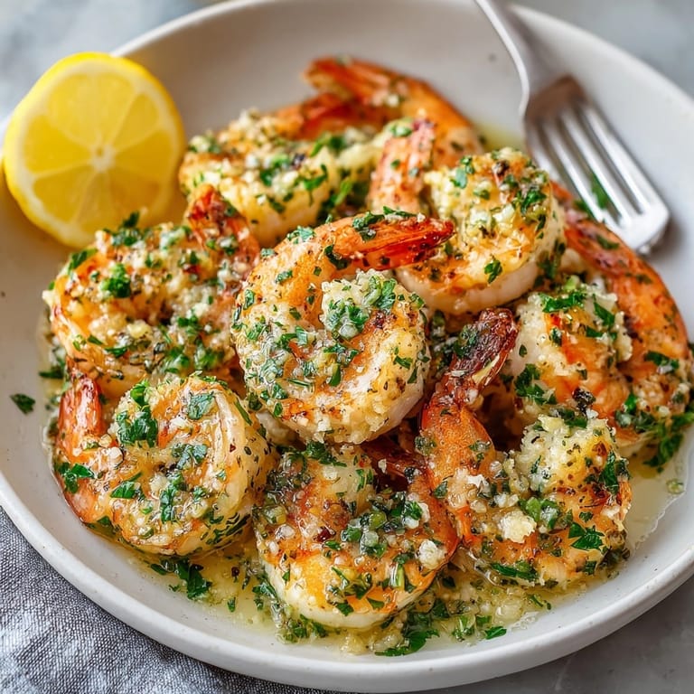 Juicy shrimp in garlic butter sauce for Shrimp Scampi with Garlic Butter, garnished with lemon wedges.