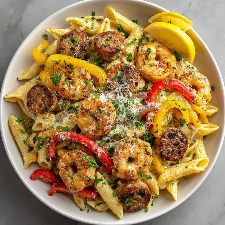Hearty Cajun Shrimp and Sausage Pasta tossed with smoky sausage, juicy shrimp, and penne pasta.