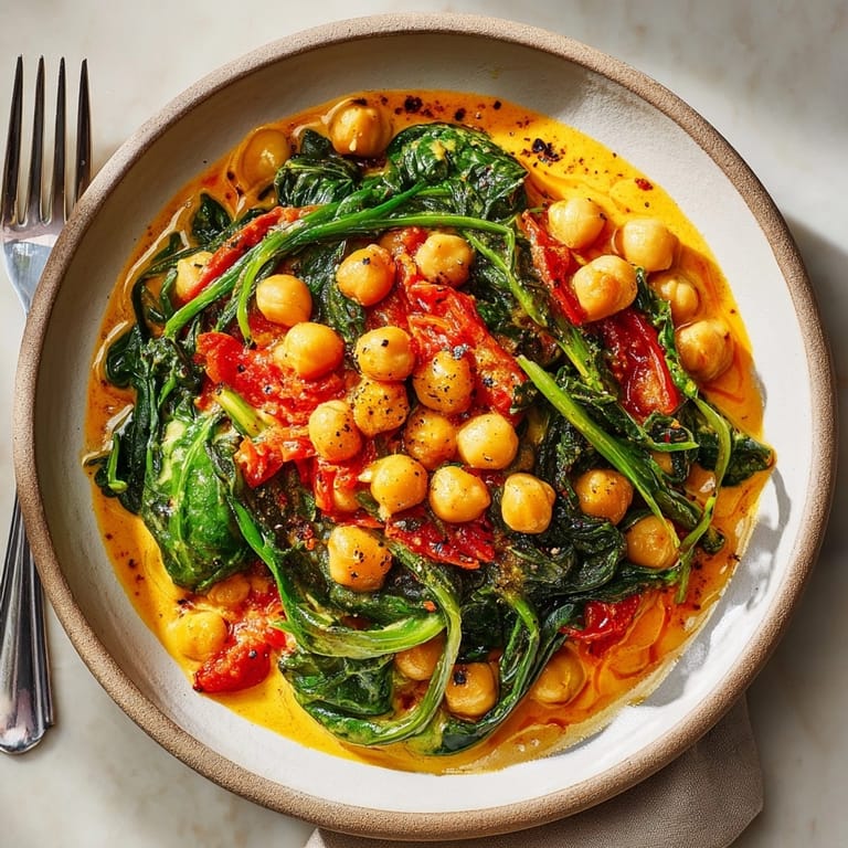 Vibrant chickpea and spinach curry in a bowl, showcasing tender greens and rich, aromatic sauce.