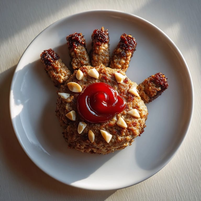 Savory Zombie Meatloaf Hand, almond nails, quartered onion bone - Halloween dinner.