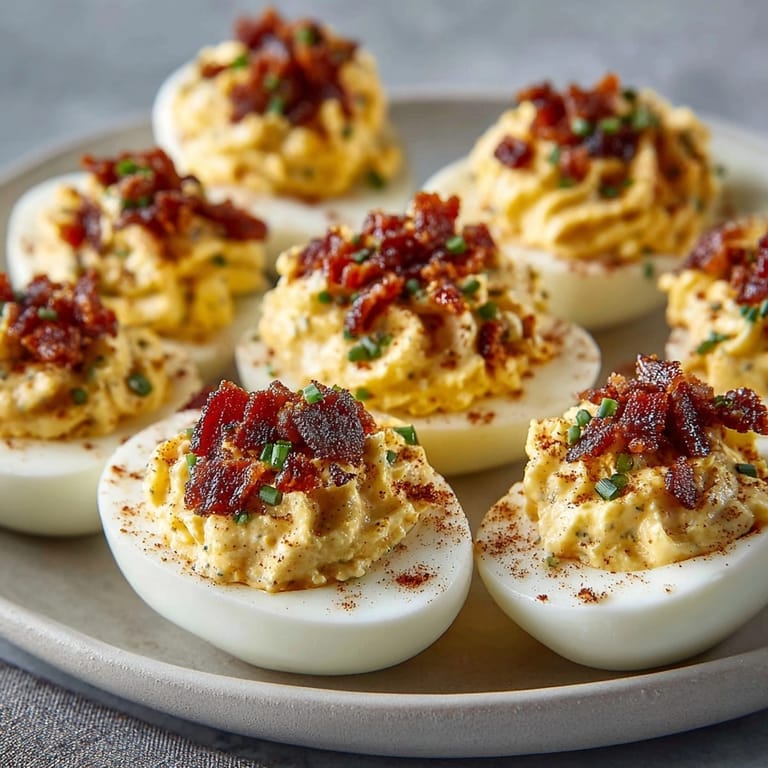 Close-up of savory Smoked Paprika Deviled Eggs with Bacon, topped with fresh chives.
