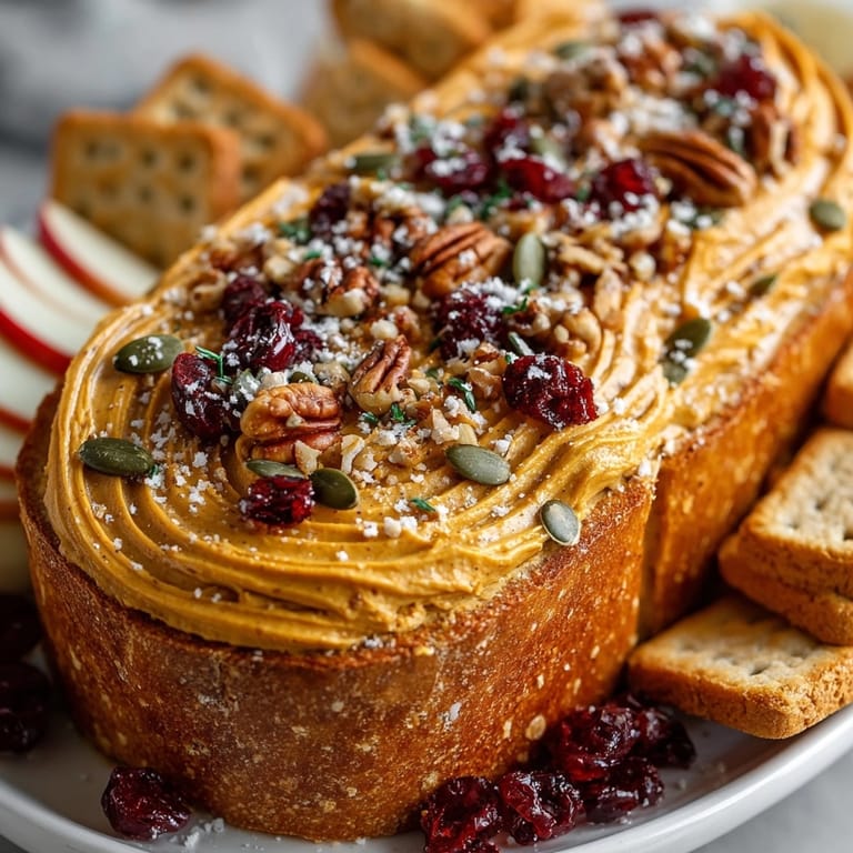 Whipped Pumpkin Spice Butter Board, topped with pepitas and cranberries, ready for dipping.