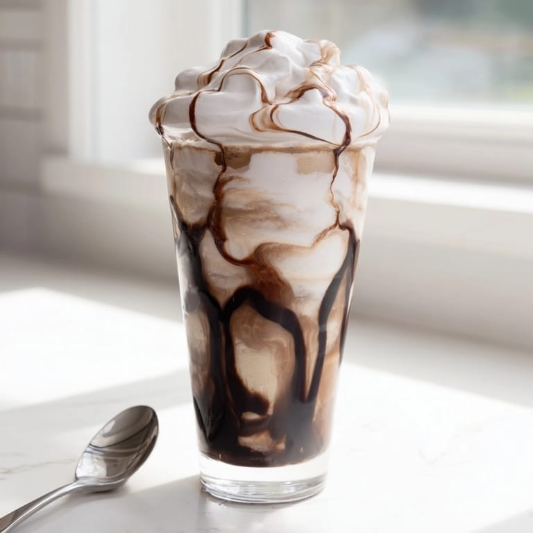 Swirled Iced Mocha Cloud Coffee: A frosty, layered drink with a rich, whipped coffee topping.