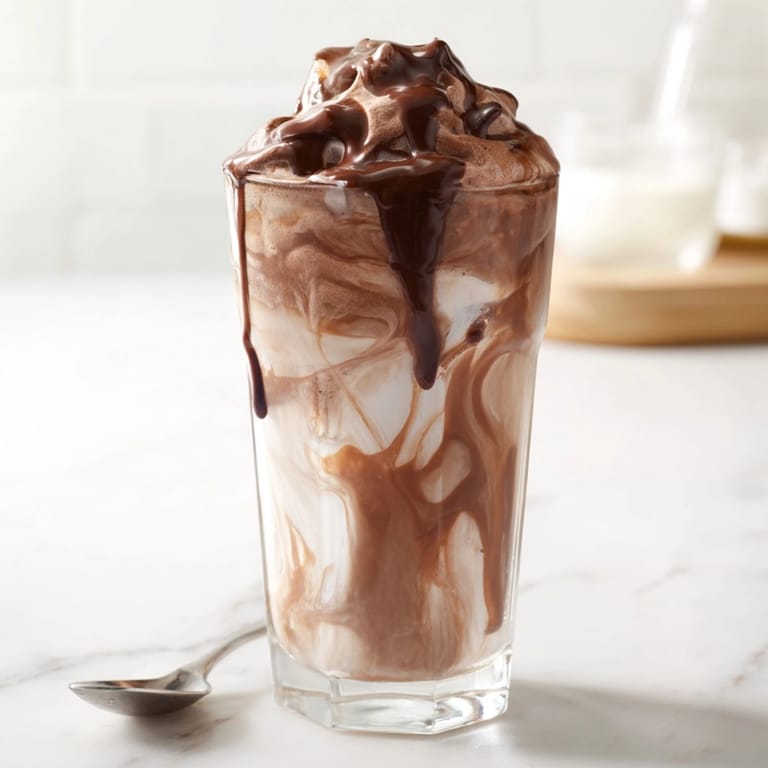 Frothy Iced Mocha Cloud Coffee ready to stir, complete with chocolate syrup drizzle.