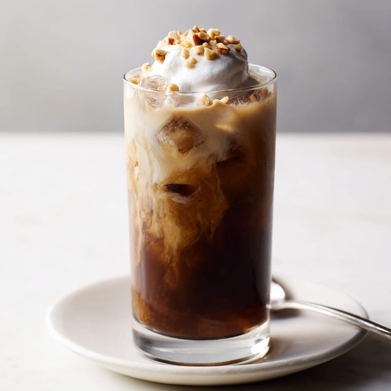 Homemade Iced Hazelnut Cold Brew: rich hazelnut aroma, served in tall glass.