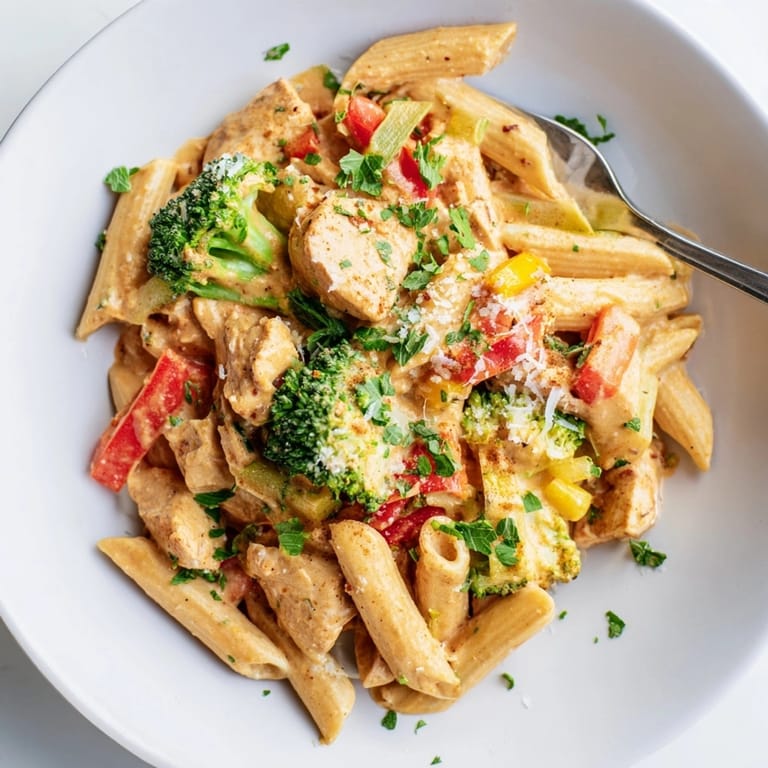 Golden brown &quot;Cajun Chicken Broccoli Pasta Skillet&quot; brimming with vibrant colors; perfect weeknight dinner.